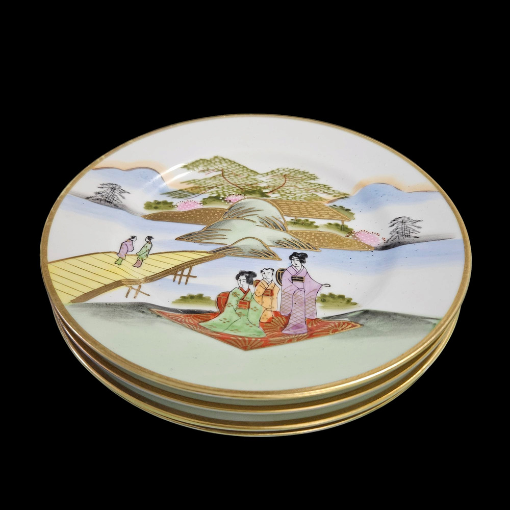 Japanese Kutani Style Scenic Geisha Salad Plates Set of 4 Gold Trim 7.5" Vintage